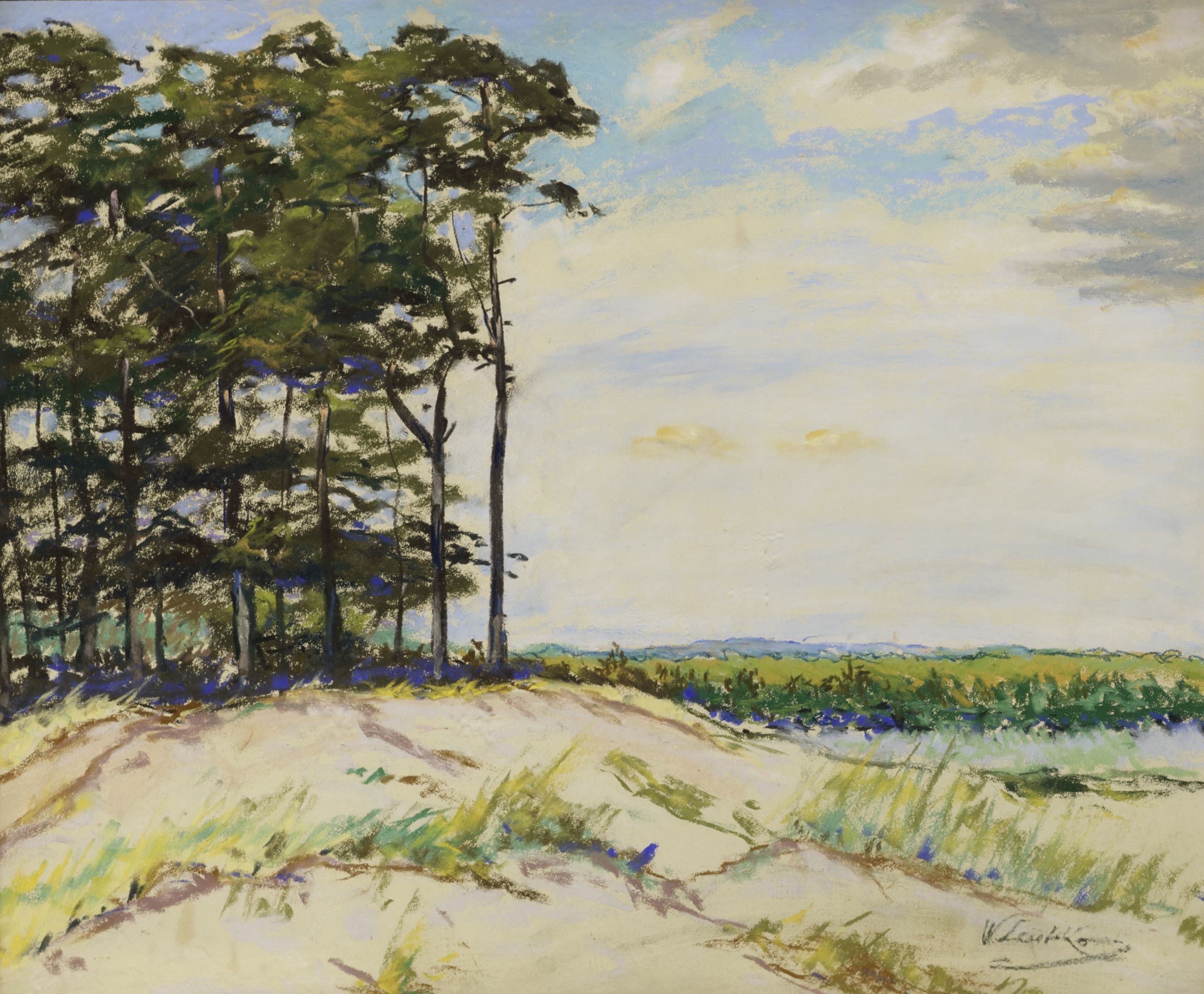 Walter Leistikow, Märkische Landschaft, o. D., Foto: Lindenau-Museum Altenburg Impressionistische Darstellung einer weiten Landschaft rechts und Bäumen links.