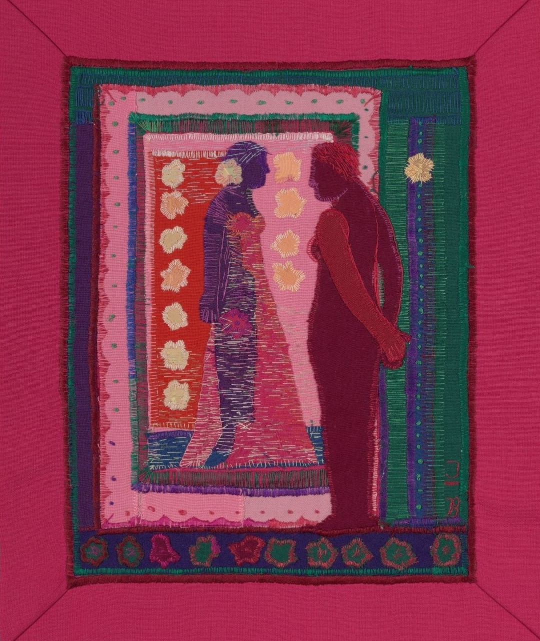 Ursula Jobst, Vorm Spiegel, 1978, Foto: Lindenau-Museum Altenburg Ein in Violett gehaltenes Stickbild, das vereintlich zwei Personen zeigt, eine von vorne, eine von hinten. Der Titel verrät, dass es sich um das Spiegelbild der Person handelt, die rechts mit dem Rücken zu uns steht.